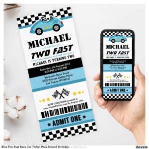 Blue Two Fast Race Car Ticket Pass Second Birthday Invitation