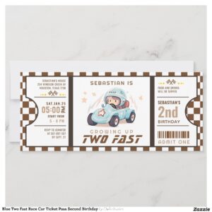 Blue Two Fast Race Car Ticket Pass Second Birthday Invitation