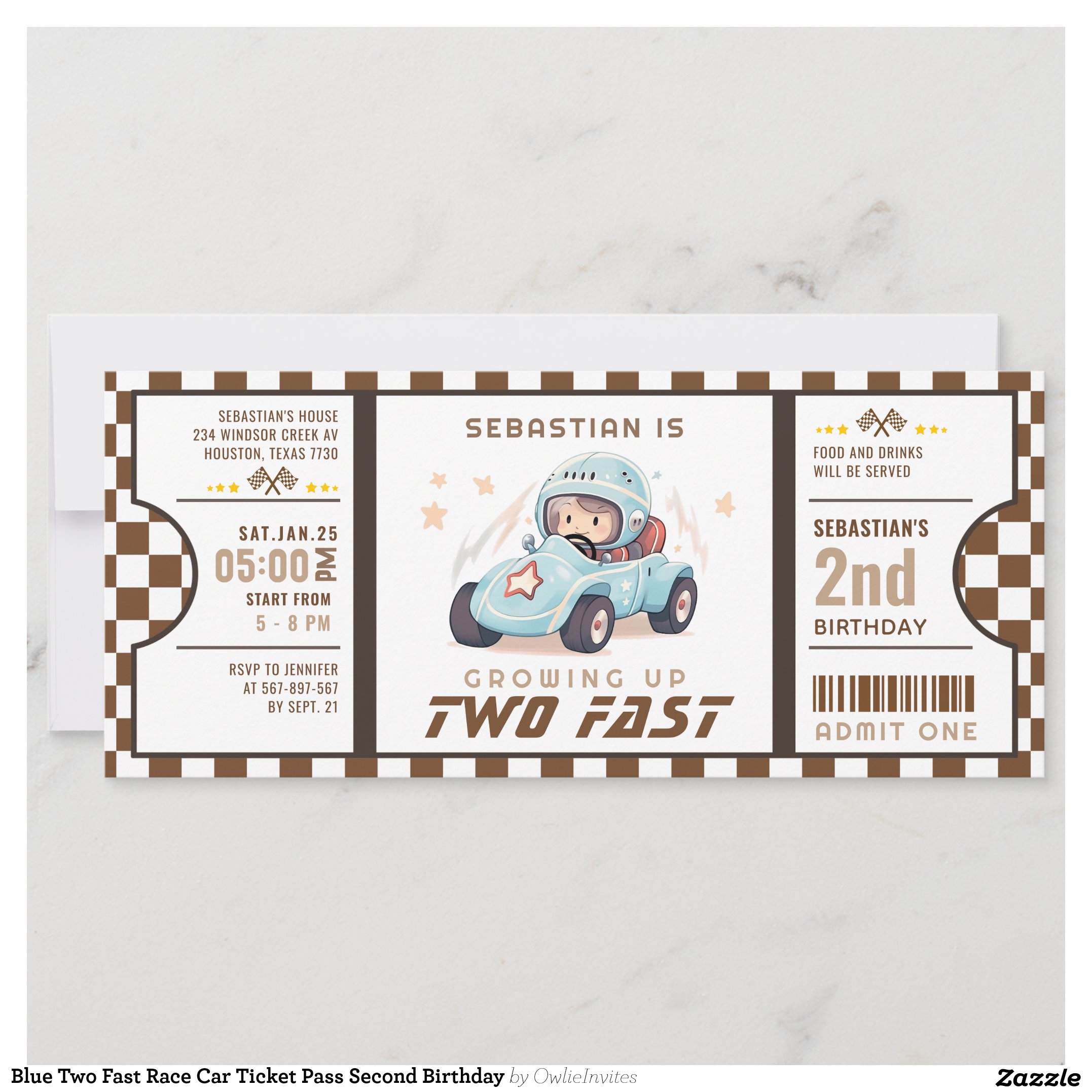 Blue Two Fast Race Car Ticket Pass Second Birthday Invitation