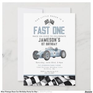 Blue Vintage Race Car Birthday Party for Boy Invitation