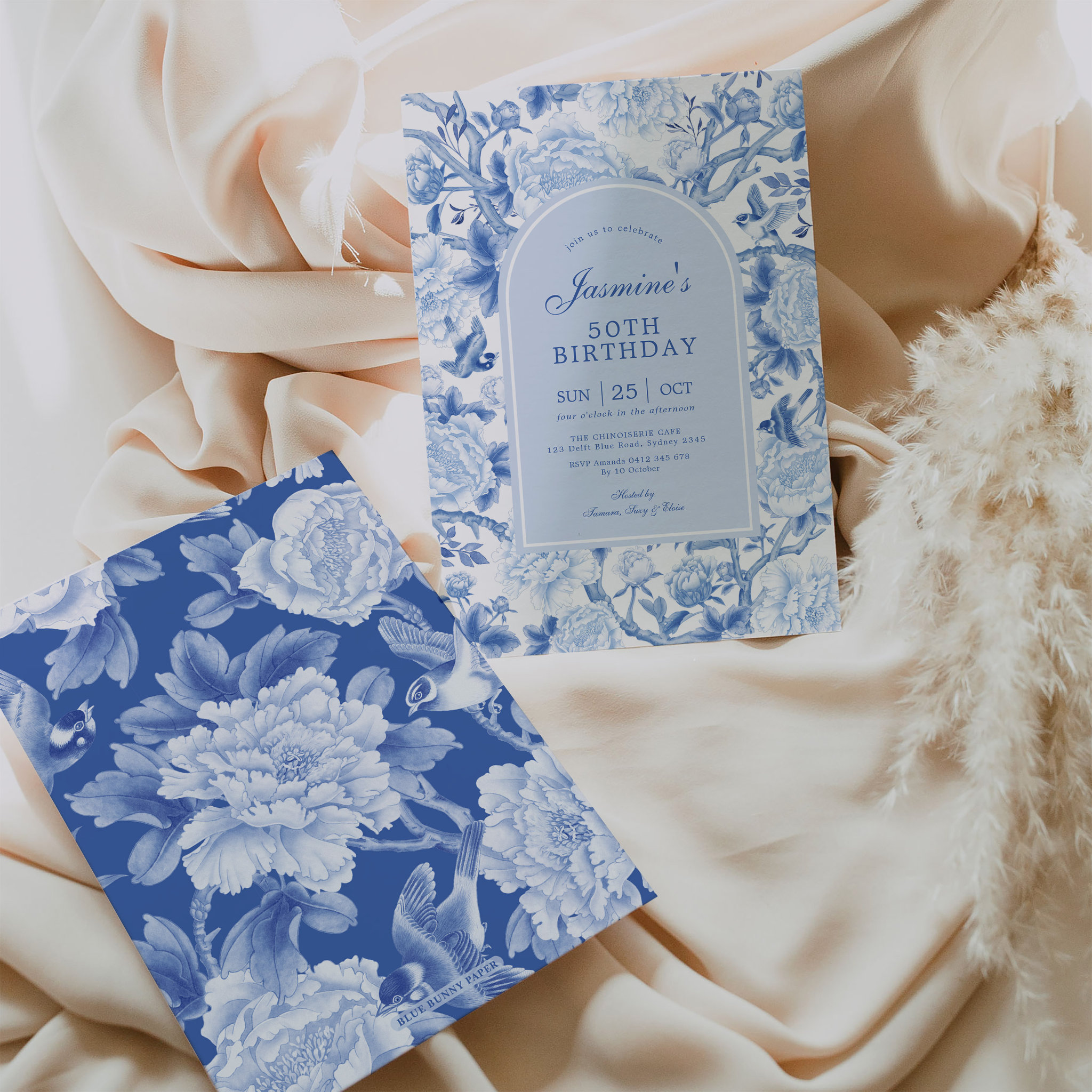 Blue White Chinoiserie Floral Garden 50th Birthday Invitation
