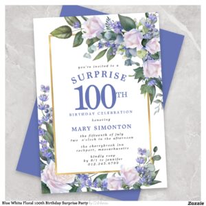 Blue White Floral 100th Birthday Surprise Party Invitation