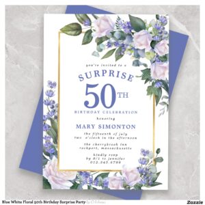 Blue White Floral 50th Birthday Surprise Party Invitation