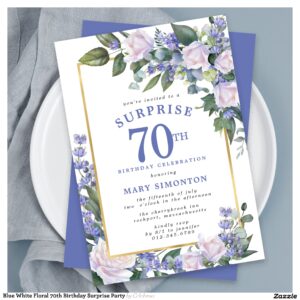 Blue White Floral 70th Birthday Surprise Party Invitation