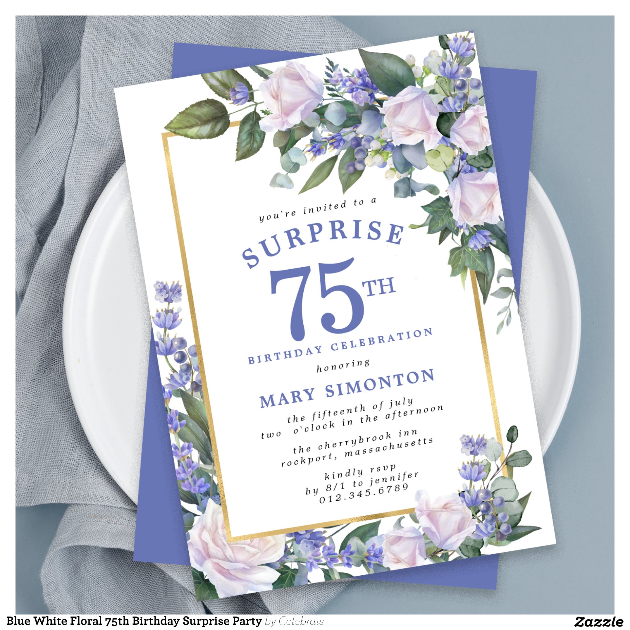 Blue White Floral 75th Birthday Surprise Party Invitation