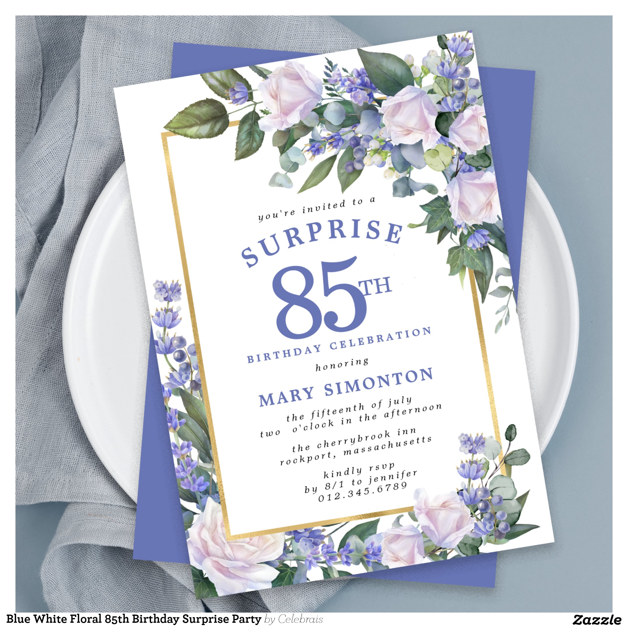 Blue White Floral 85th Birthday Surprise Party Invitation