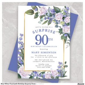 Blue White Floral 90th Birthday Surprise Party Invitation