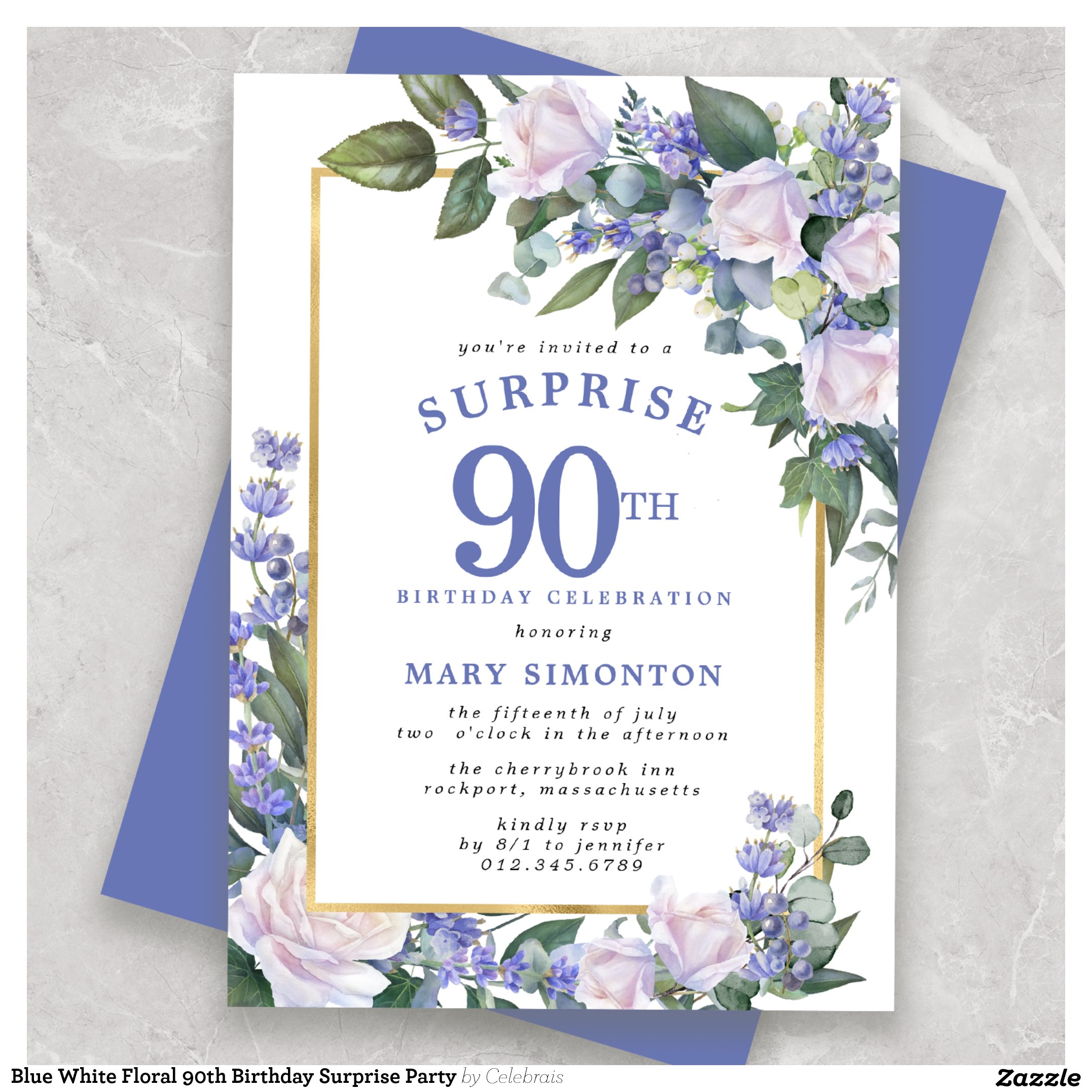 Blue White Floral 90th Birthday Surprise Party Invitation