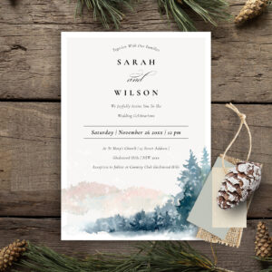 Blush Blue Pine Snow Mountains Wedding Invite