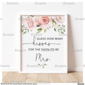 Blush floral how many kisses bridal shower game poster