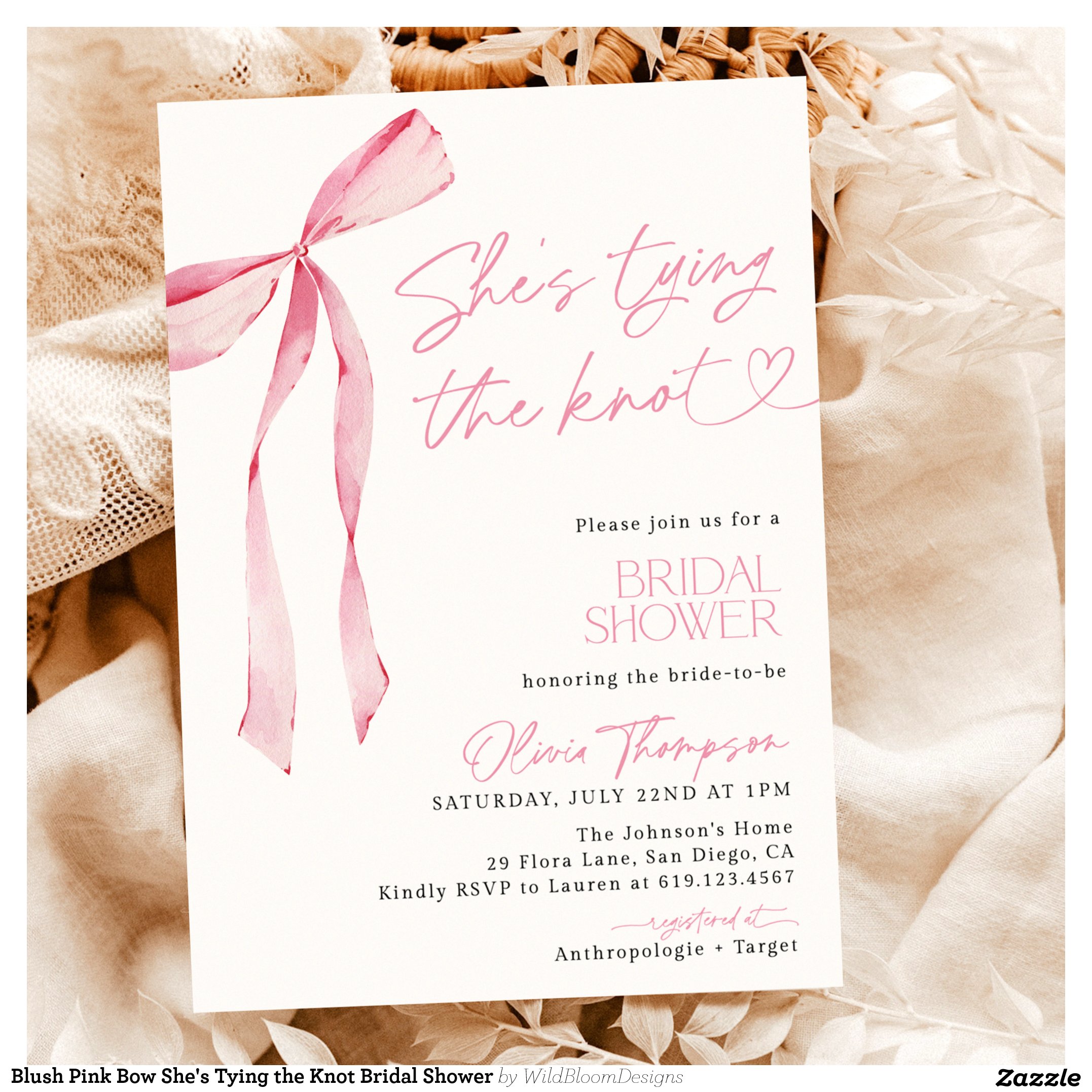 Blush Pink Bow She's Tying the Knot Bridal Shower Invitation