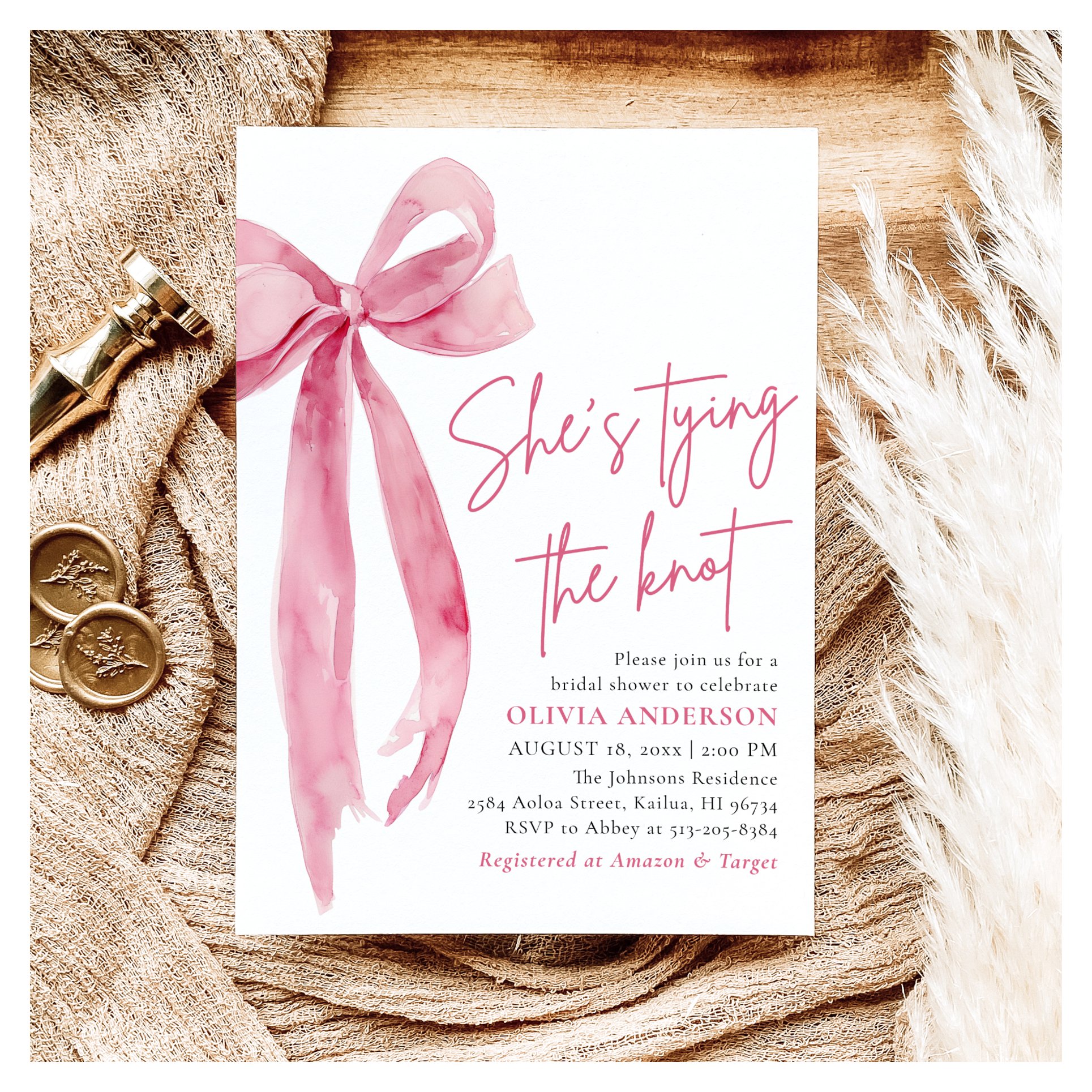 Blush Pink Bow She's Tying the Knot Bridal Shower Invitation