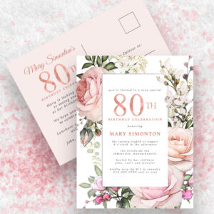Blush Pink Floral 80th Birthday Party Invitation Postcard