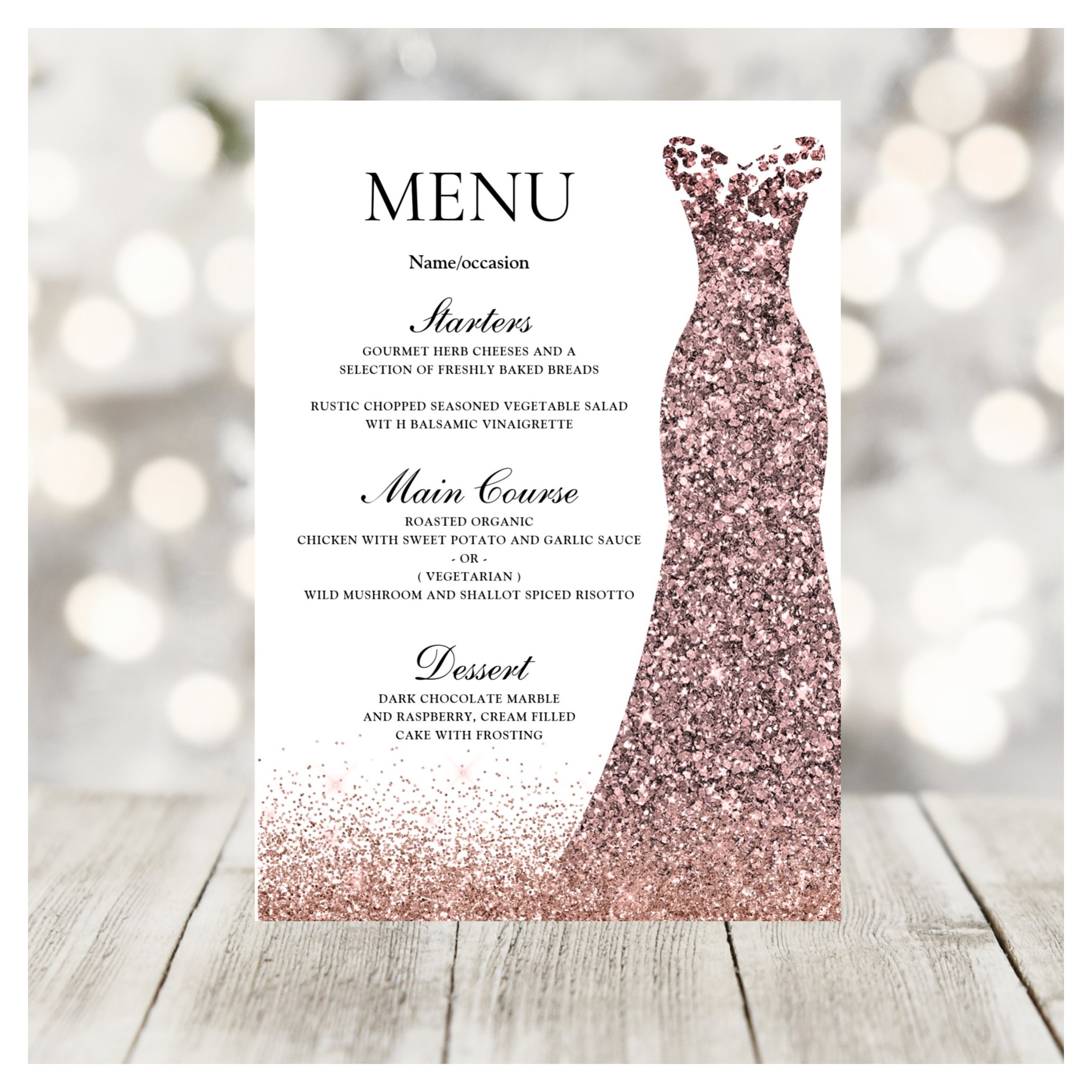 Blush Pink Rose Dress Birthday Party Bridal Shower Menu