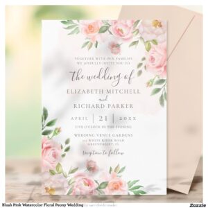 Blush Pink Watercolor Floral Peony Wedding Invitation