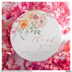 Blush & Teal Spring Floral Baby Shower Thank You Favor Tags