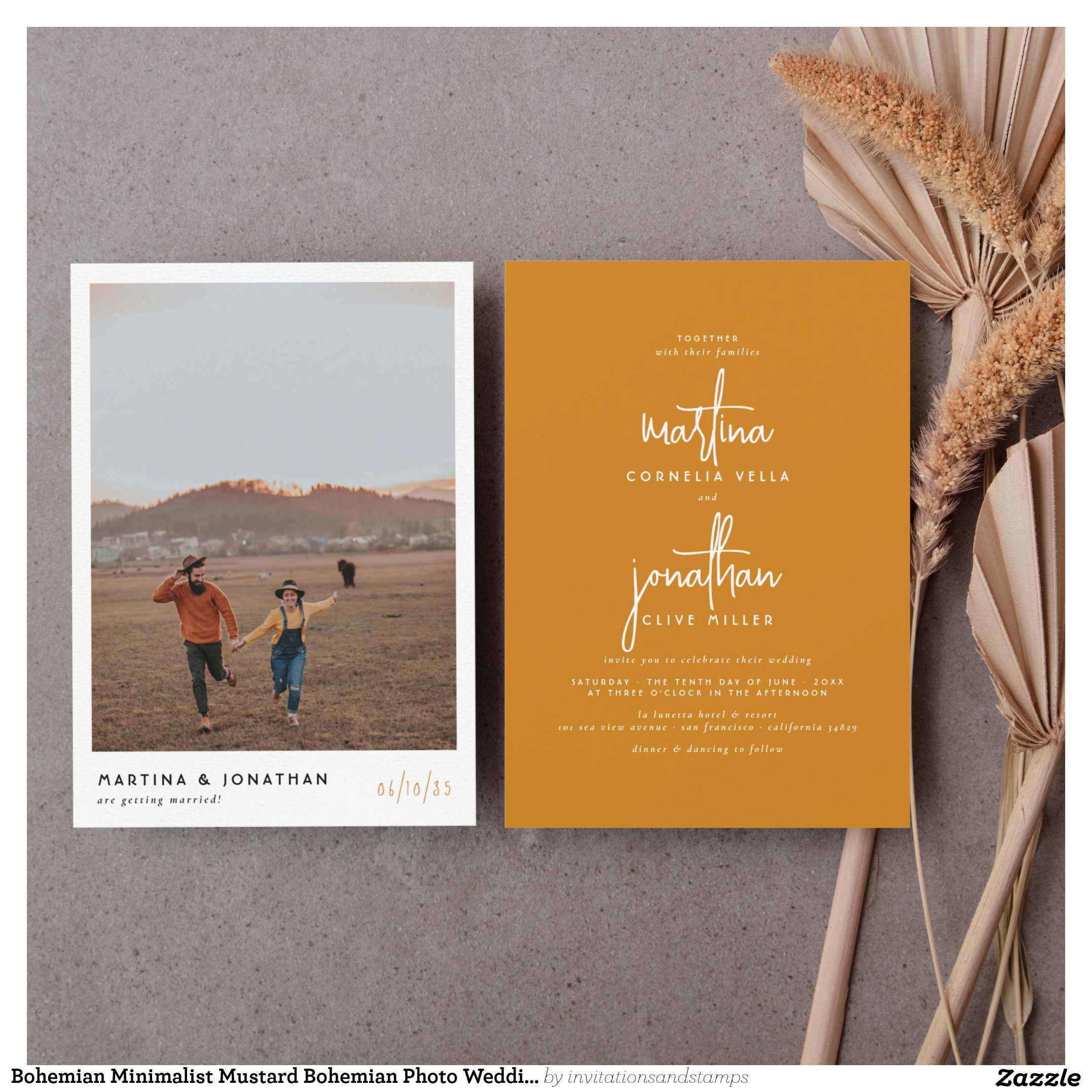 Bohemian Minimalist Mustard Bohemian Photo Wedding Invitation