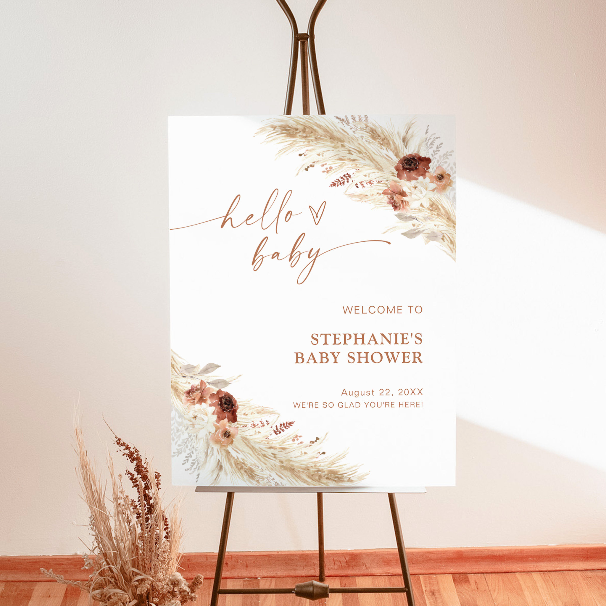 Boho Baby Shower Welcome Sign, Modern Pampas Grass Foam Board