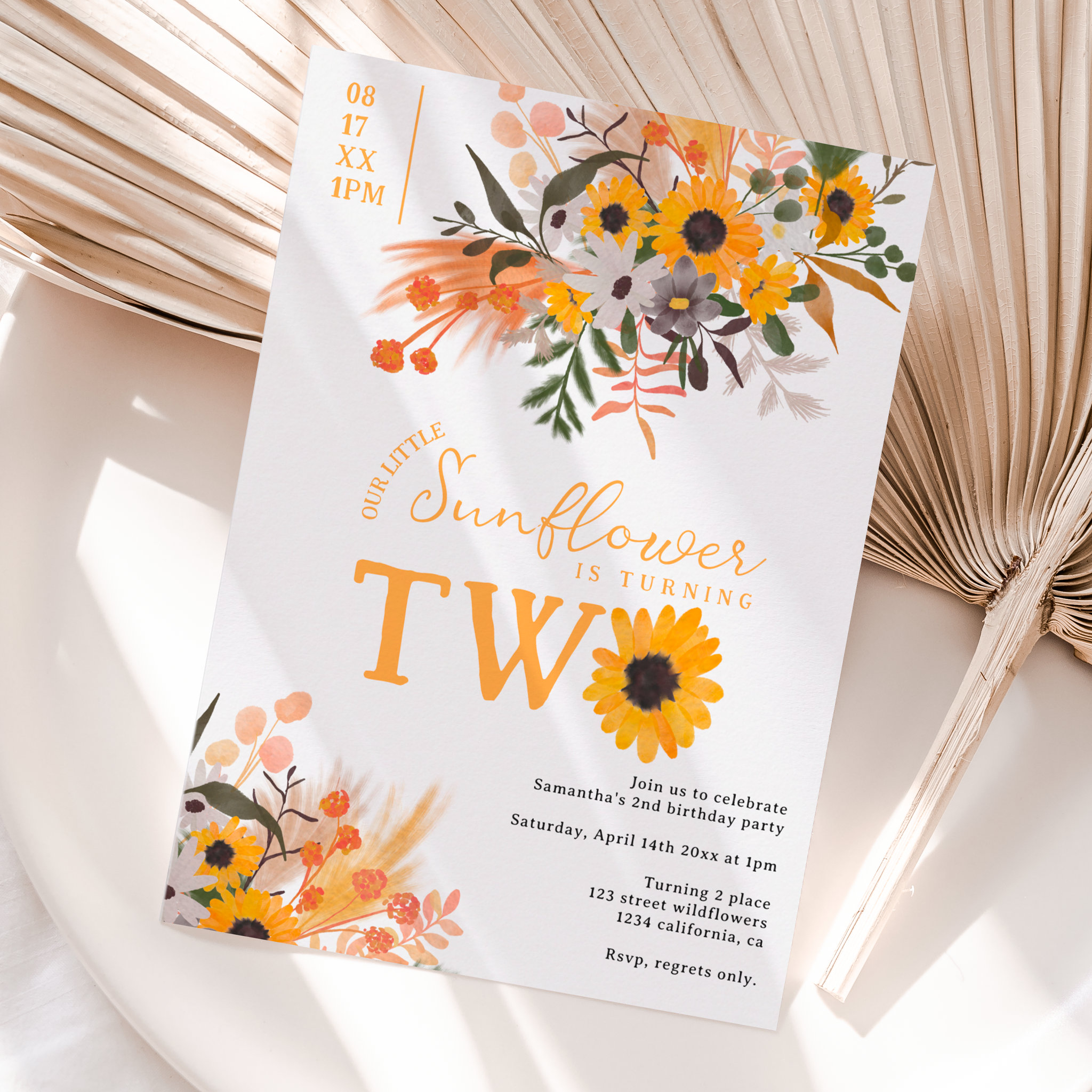 Boho chic rustic orange sunflowers 2nd birthday invitation