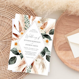Boho Copper Pampas Grass & Beige Floral Wedding Invitation