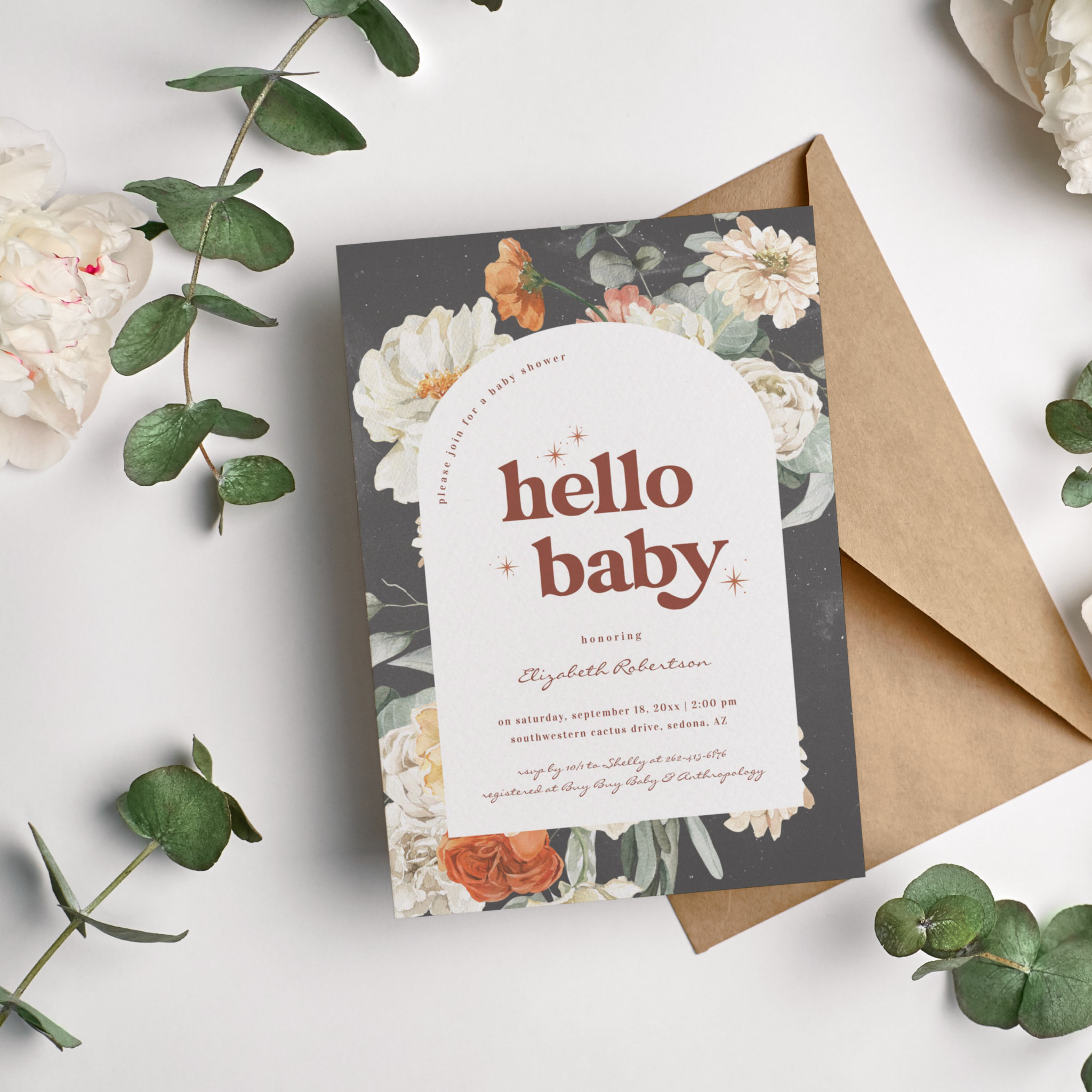 Boho Dark Floral Greenery Botanical   Baby Shower Invitation