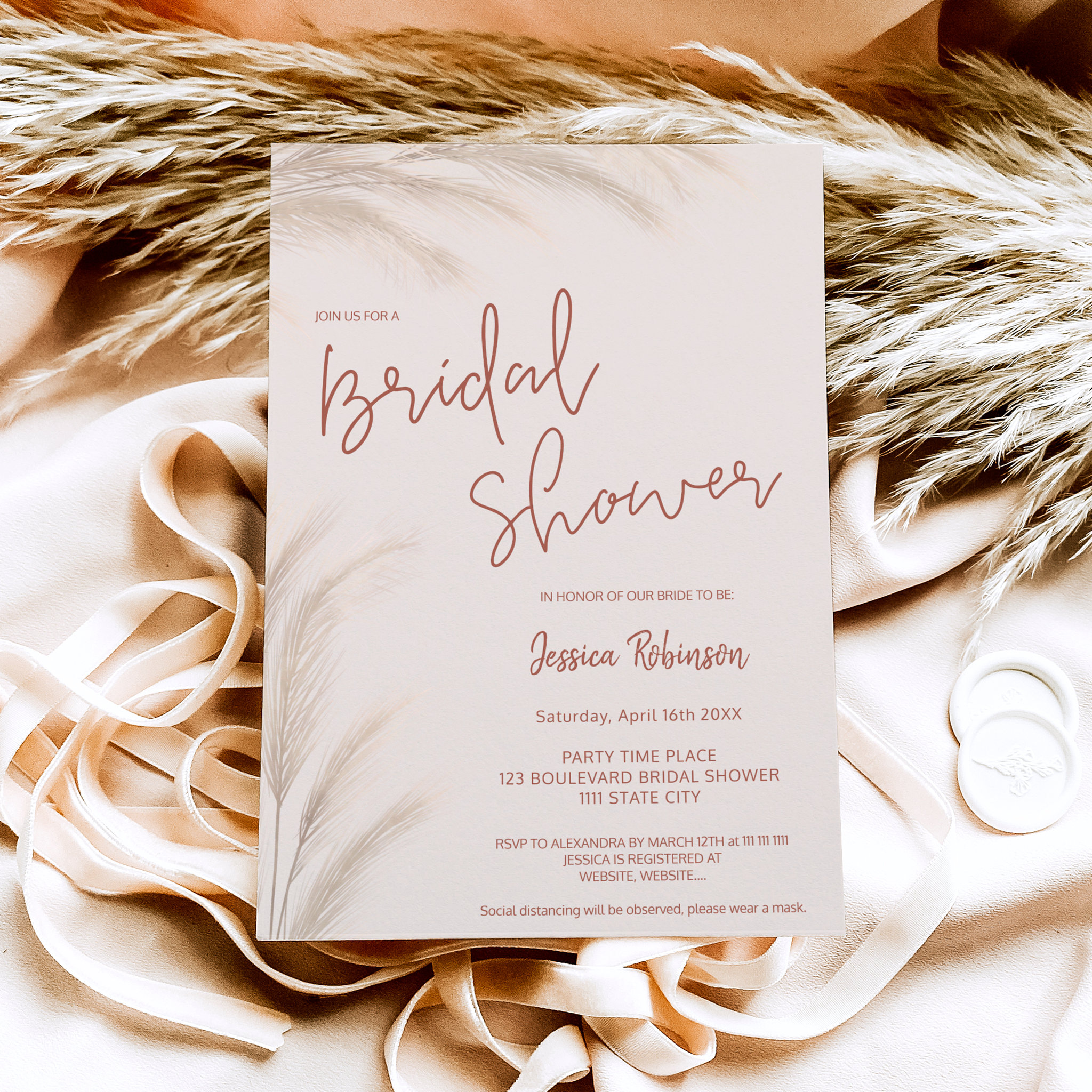 Boho desert terracotta pampas photo bridal shower invitation