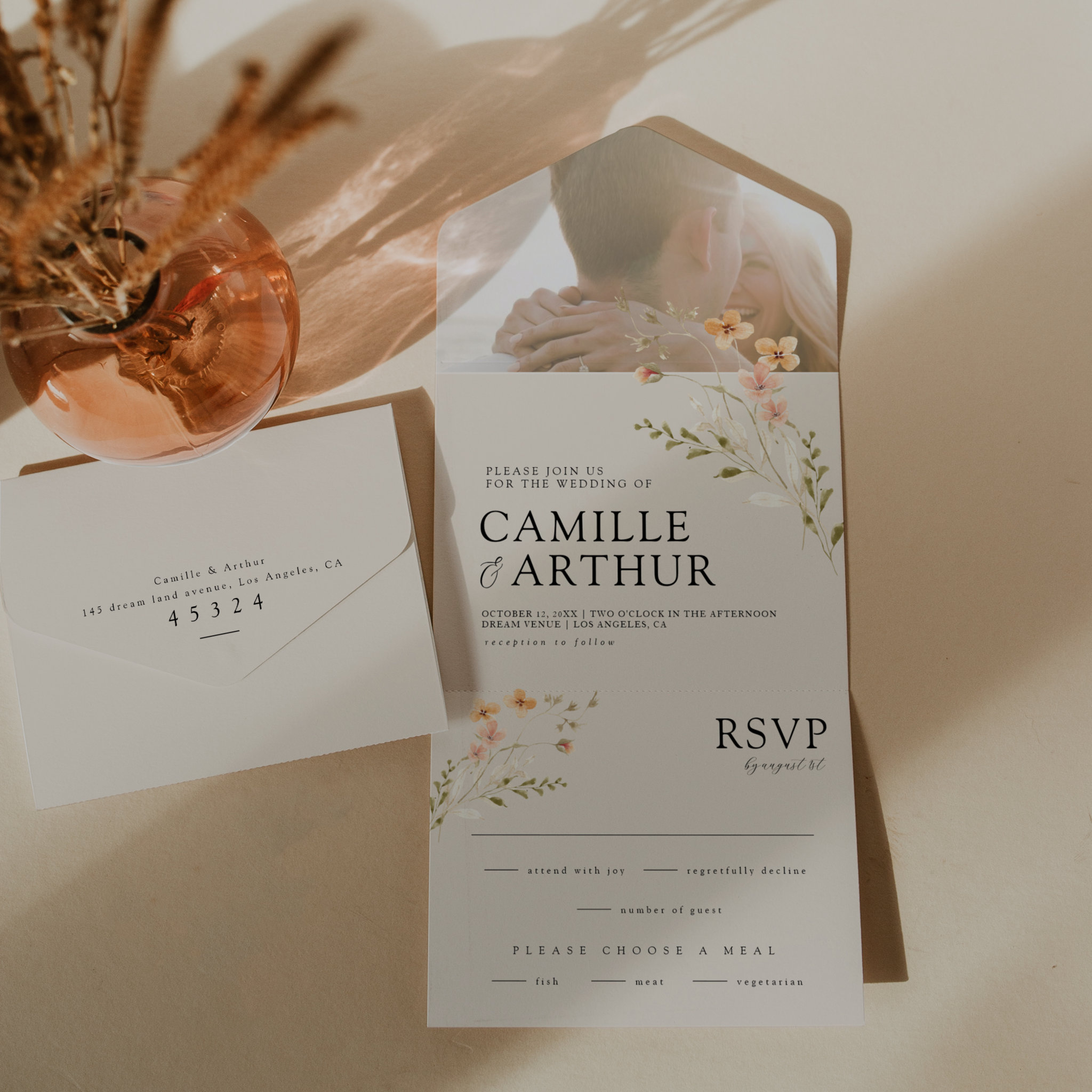 Boho Floral All In One RSVP Wedding Invitation