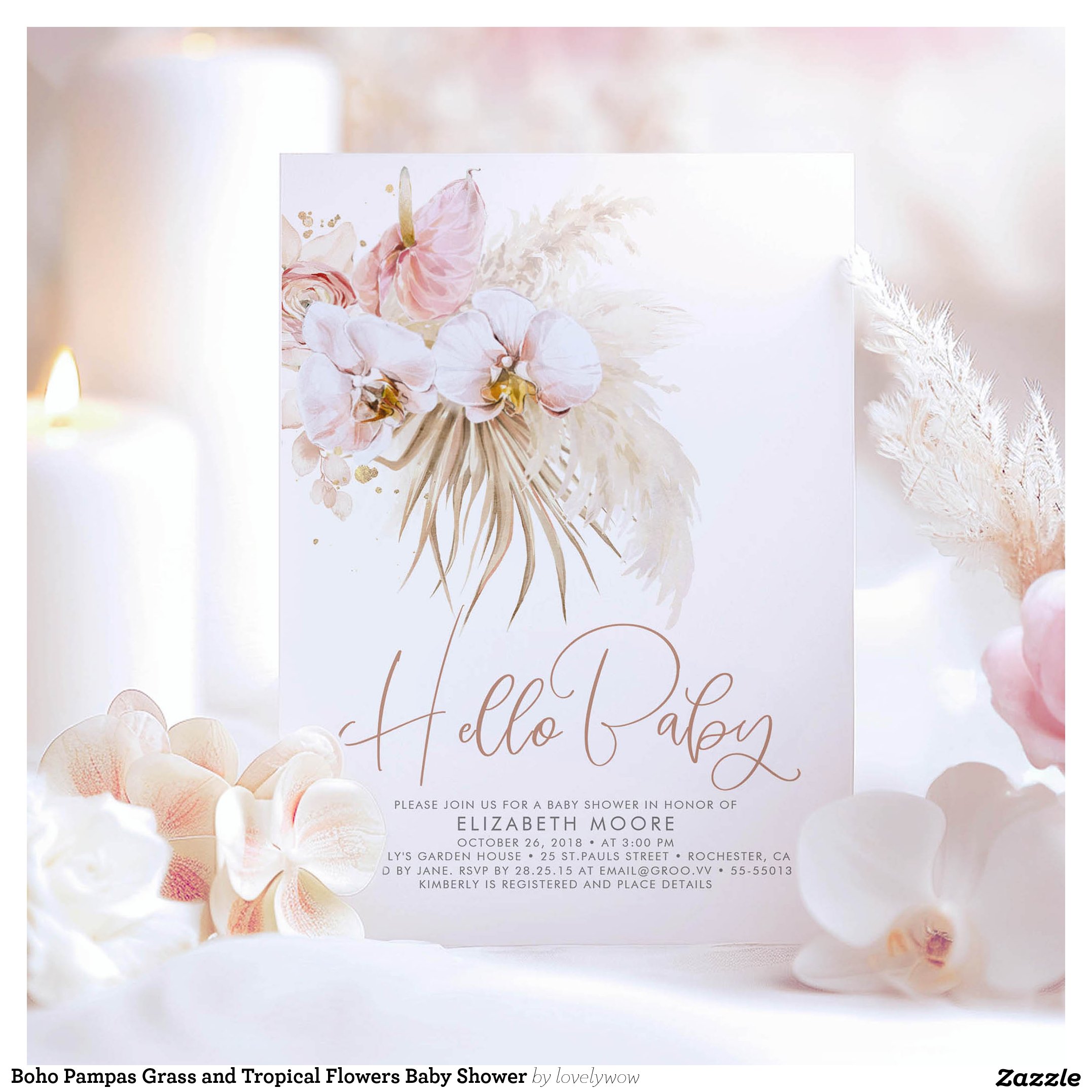 Boho Pampas Grass and Tropical Flowers Baby Shower Invitation