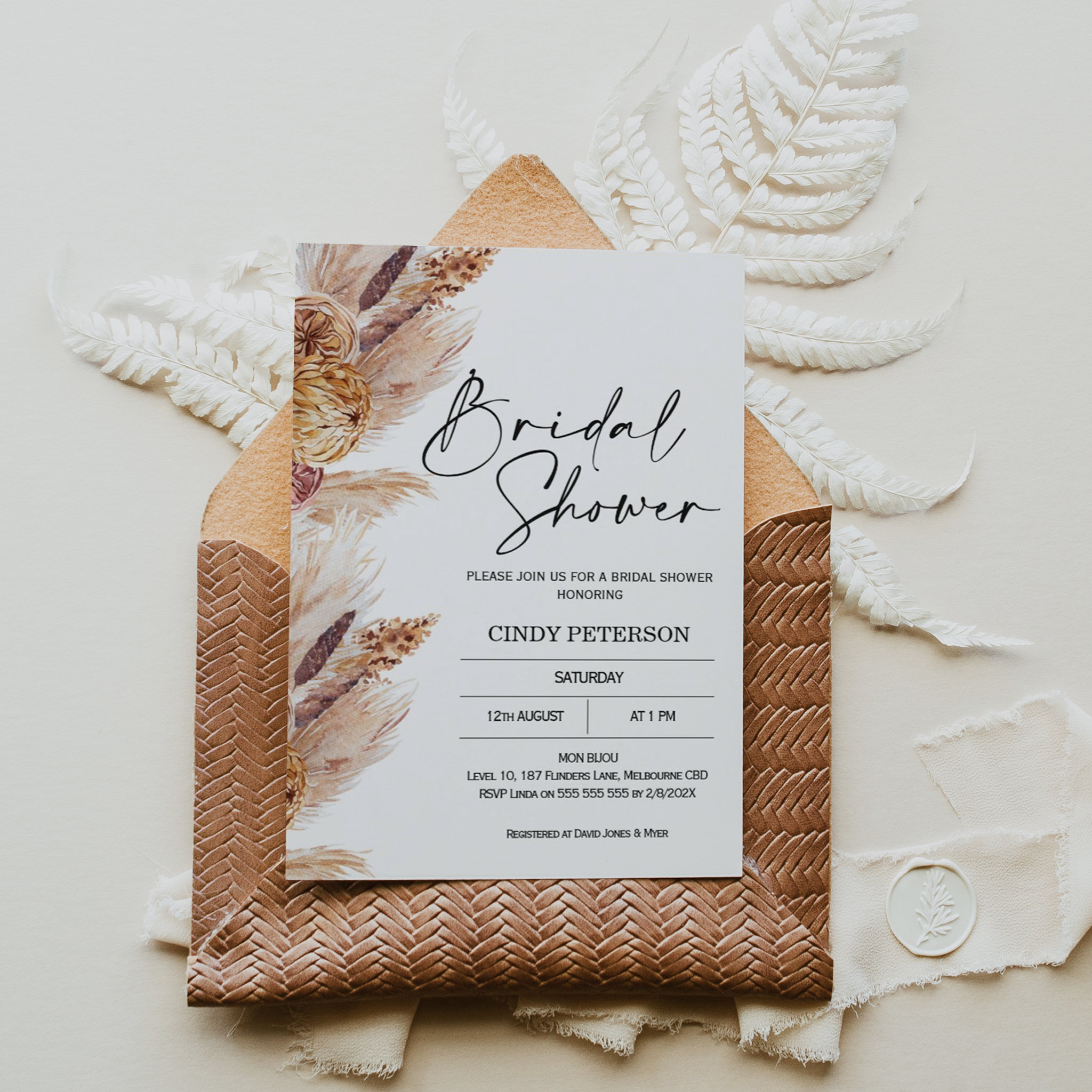 Boho Pampas Grass Bridal Shower Invitation