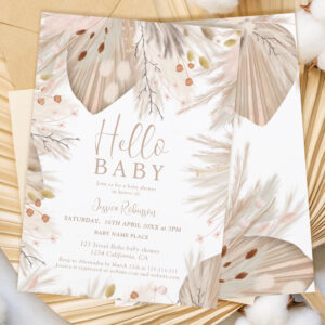 Boho pampas grass gender neutral hello baby shower invitation