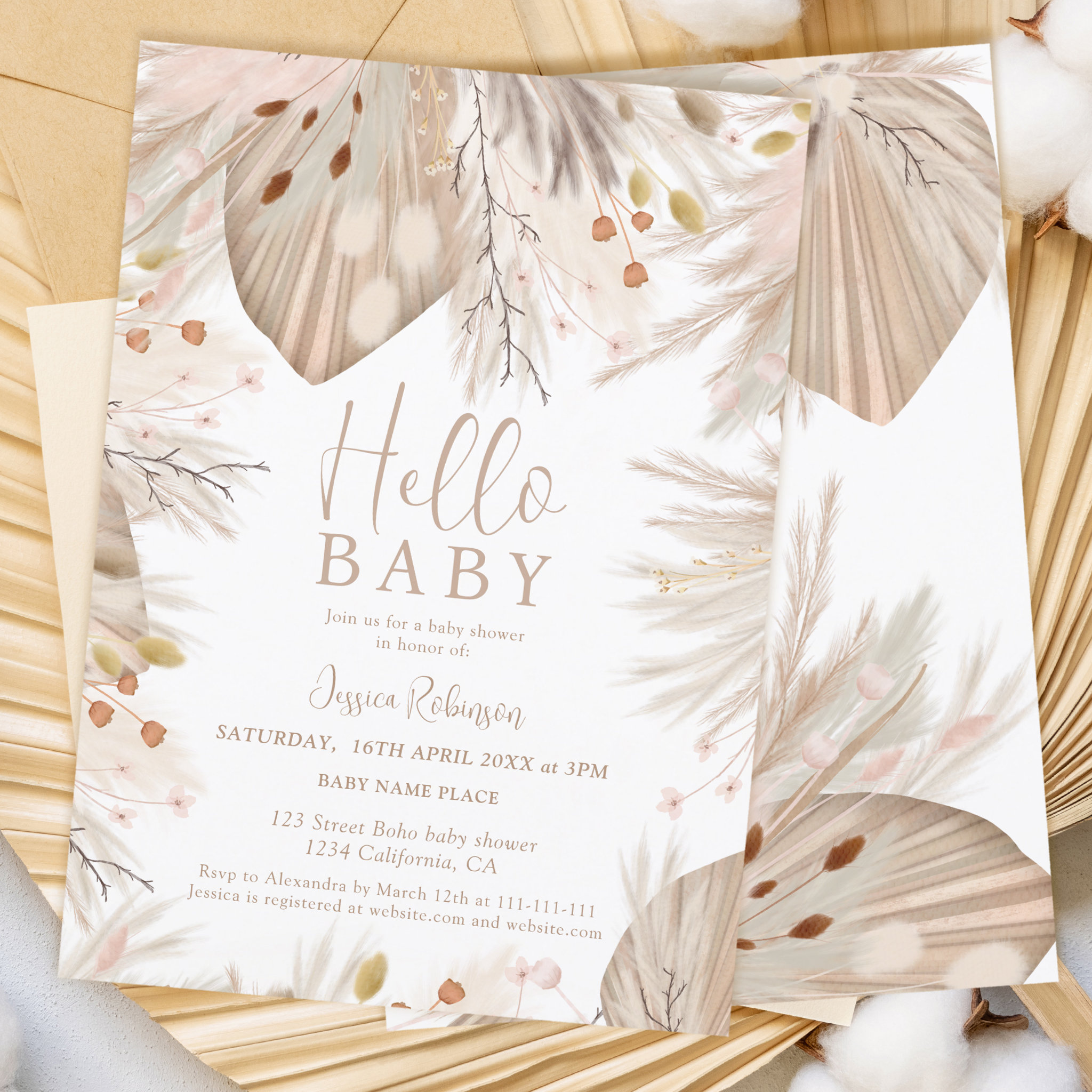 Boho pampas grass gender neutral hello baby shower invitation