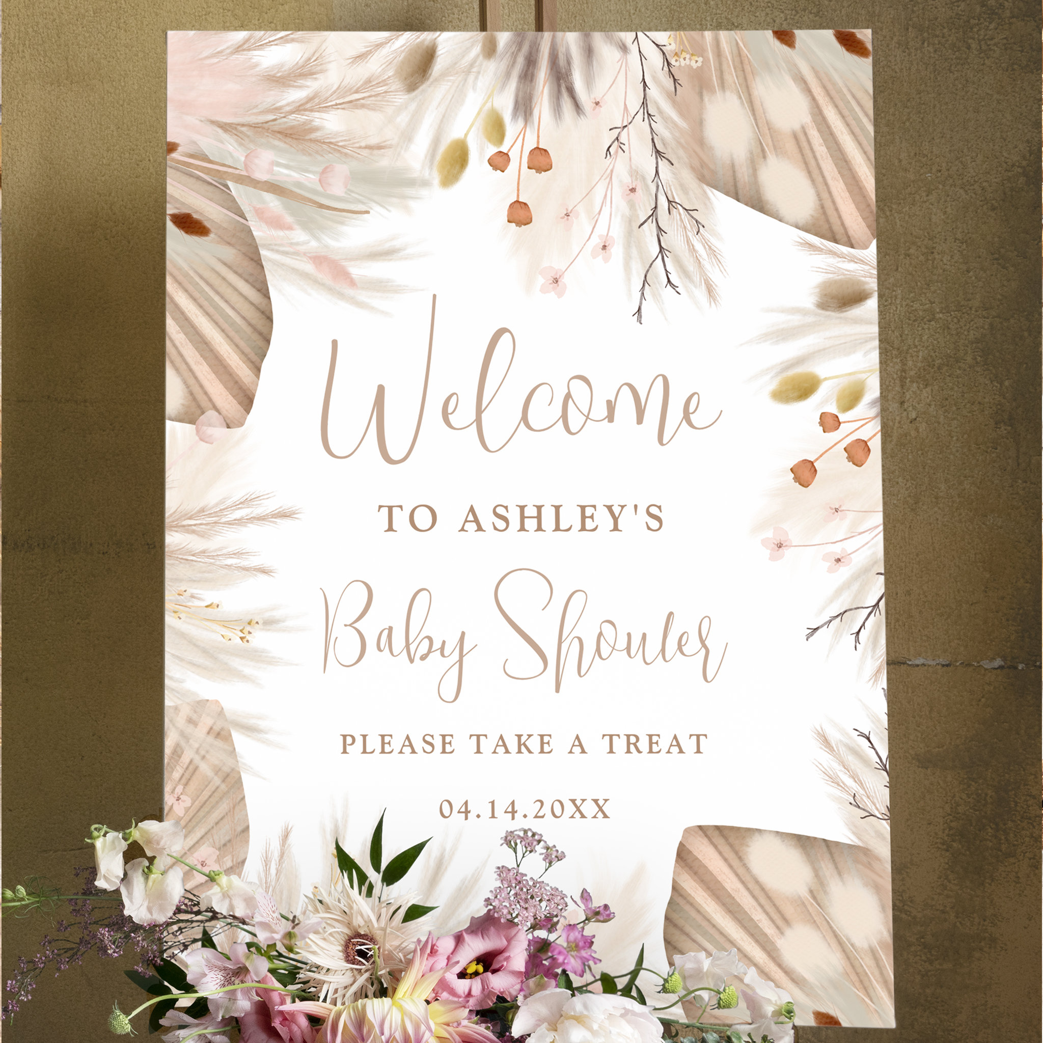Boho pampas grass gender neutral welcome shower foam board