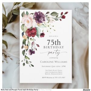 Boho Red and Purple Floral 75th Birthday Party Invitation
