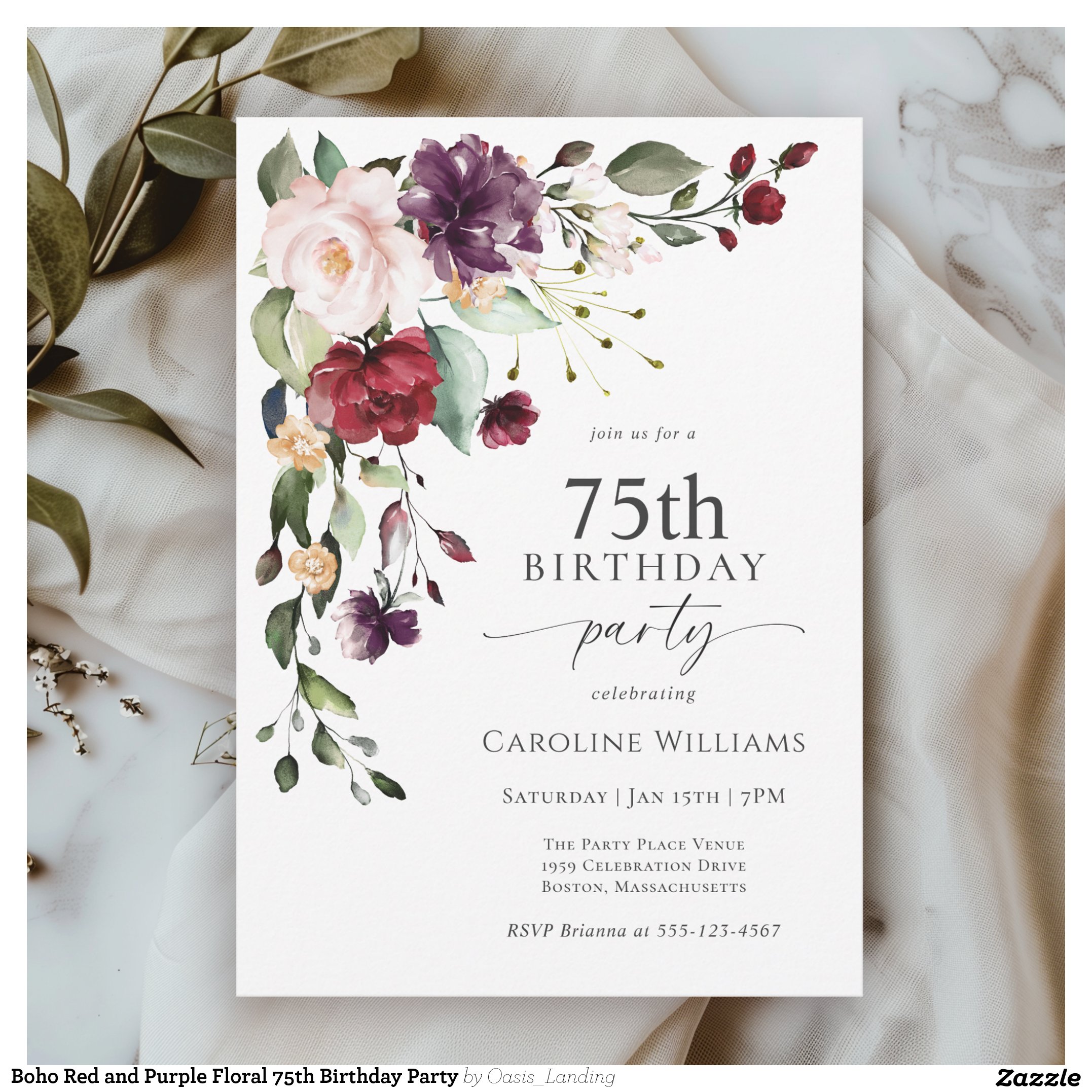 Boho Red and Purple Floral 75th Birthday Party Invitation