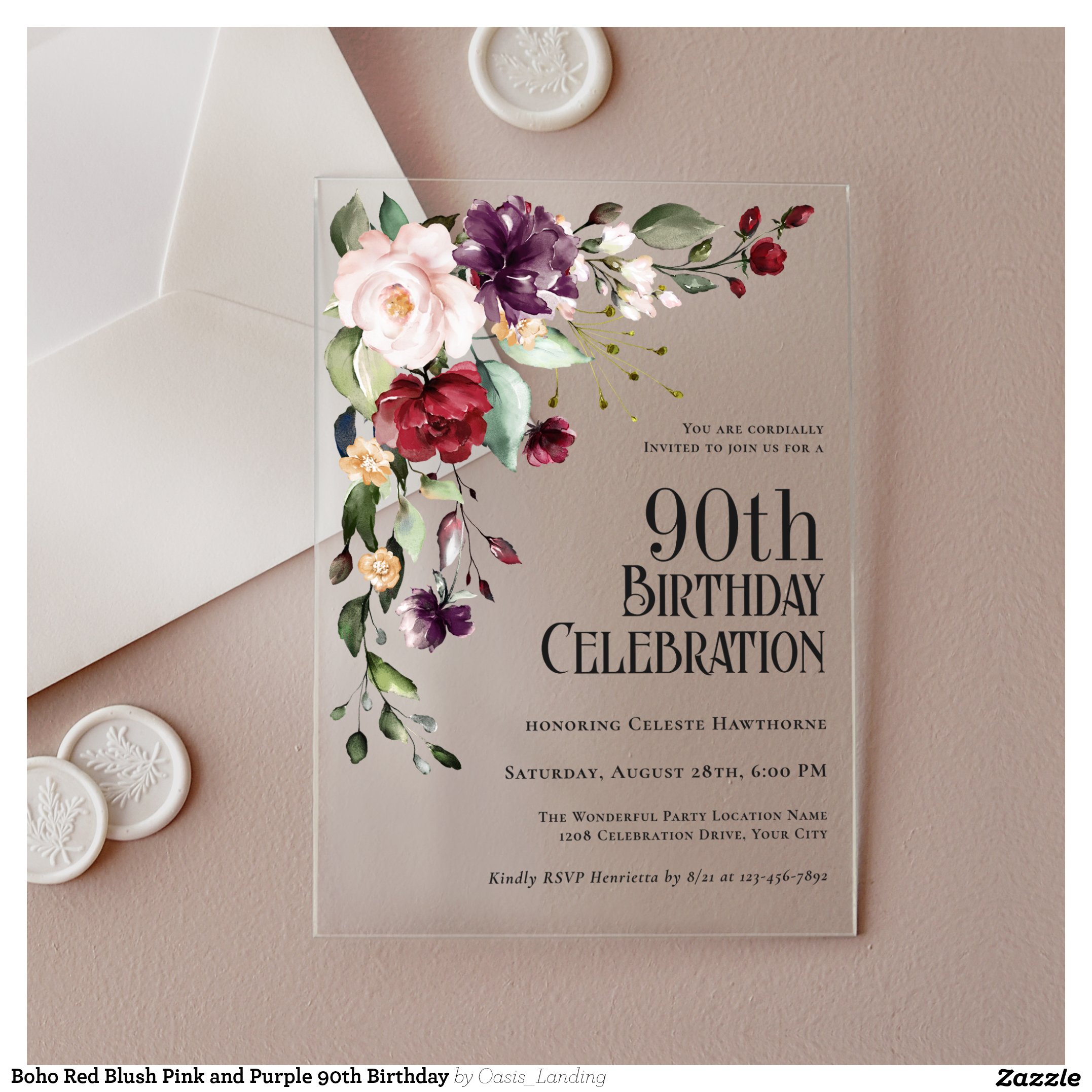 Boho Red Blush Pink and Purple 90th Birthday Acrylic Invitations