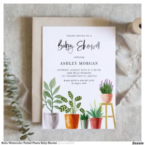 Boho Watercolor Potted Plants Baby Shower Invitation