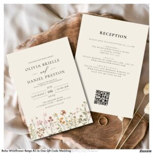 Boho Wildflower Beige All in One QR Code Wedding Invitation