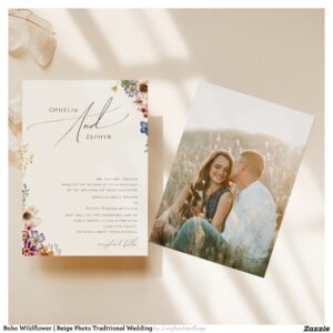 Boho Wildflower Beige Photo Traditional Wedding Invitation