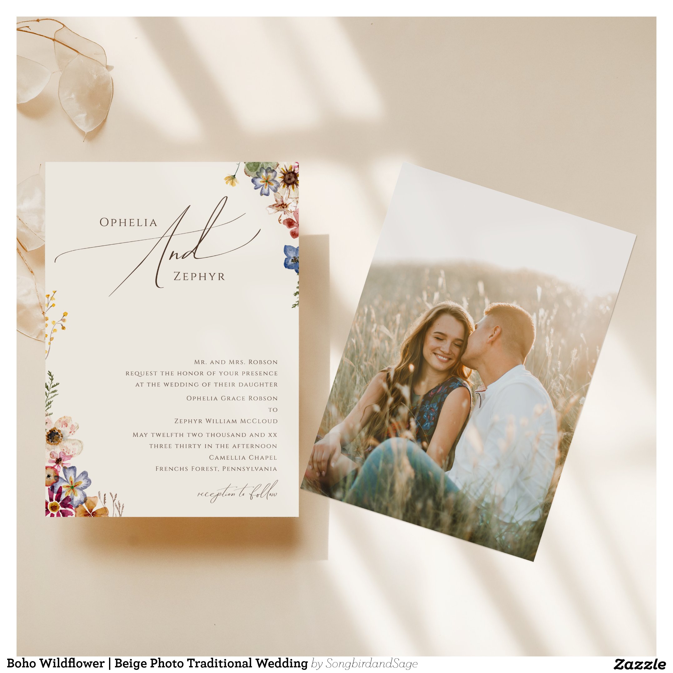 Boho Wildflower Beige Photo Traditional Wedding Invitation