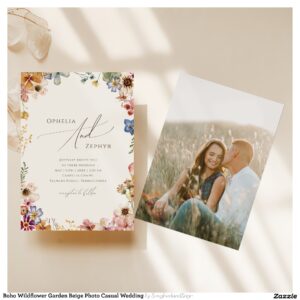 Boho Wildflower Garden Beige Photo Casual Wedding Invitation