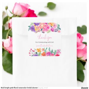 Bold bright pink floral watercolor bridal shower square sticker