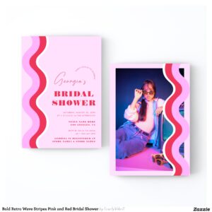 Bold Retro Wave Stripes Pink and Red Bridal Shower Invitation