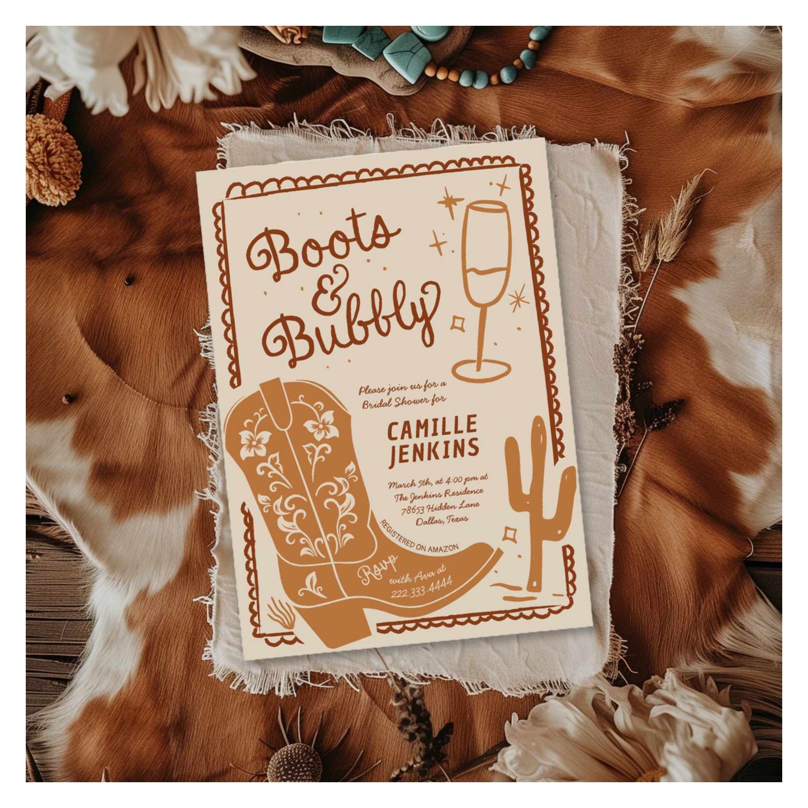 Boots and Bubbly Hand Drawn Bridal Shower Invitation