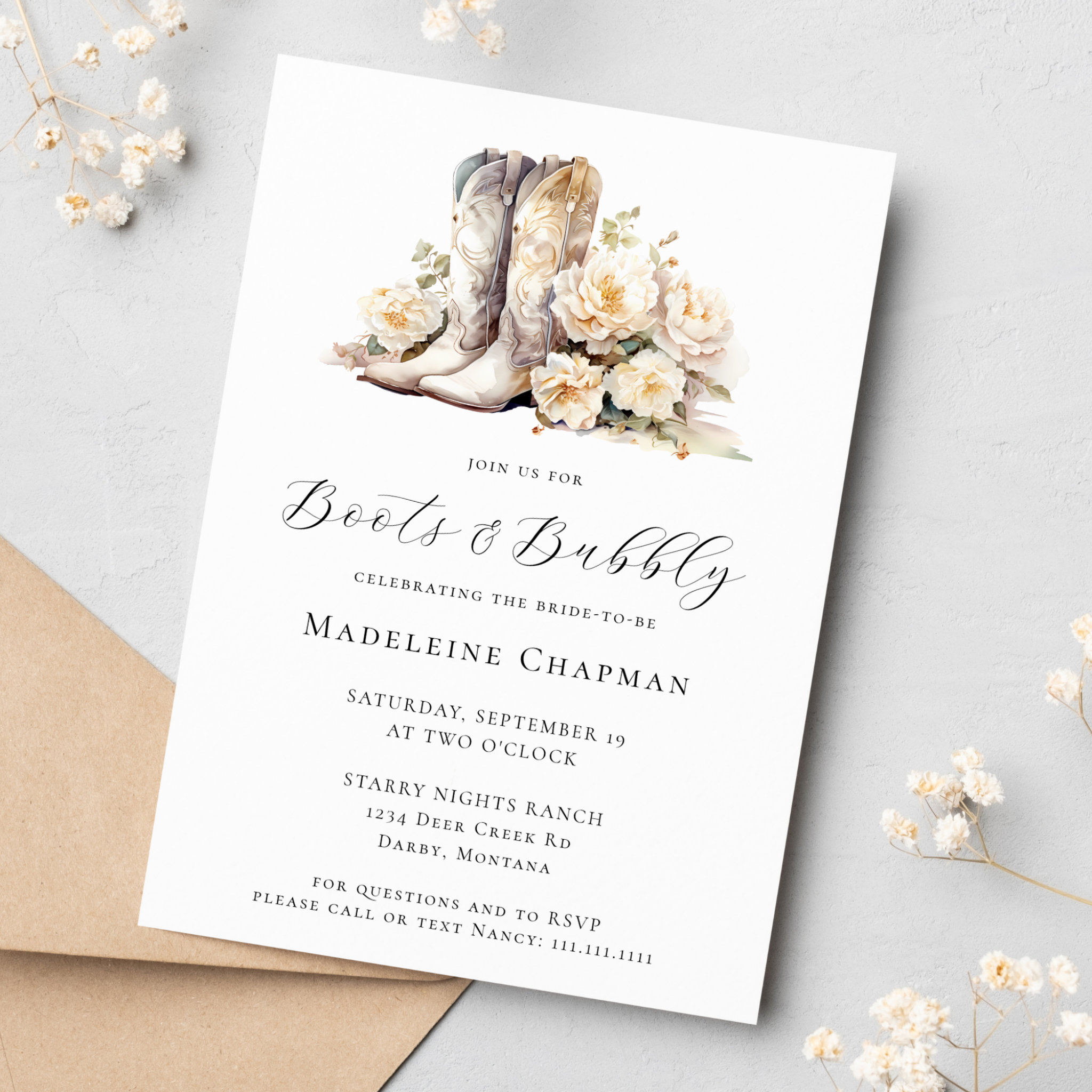 Boots & Bubbly Elegant Rustic Floral Bridal Shower Invitation