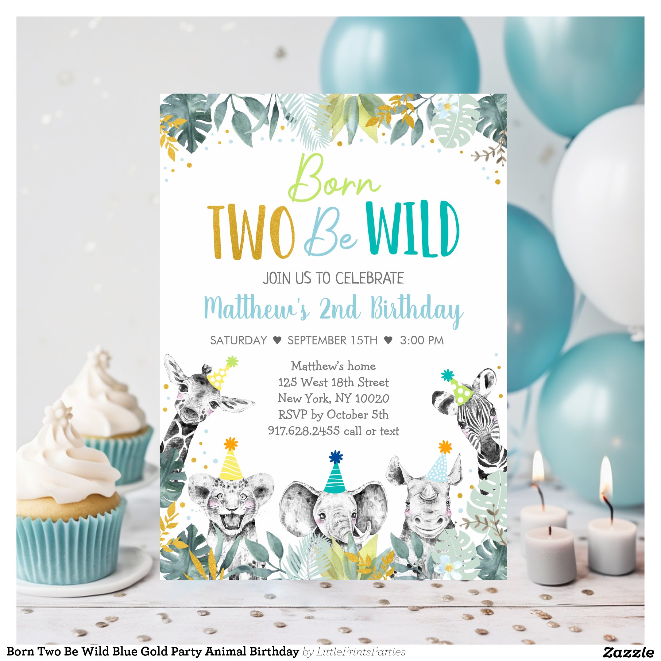 Born Two Be Wild Blue Gold Party Animal Birthday Invitation