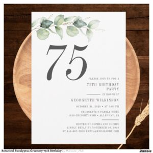 Botanical Eucalyptus Greenery 75th Birthday Invitation