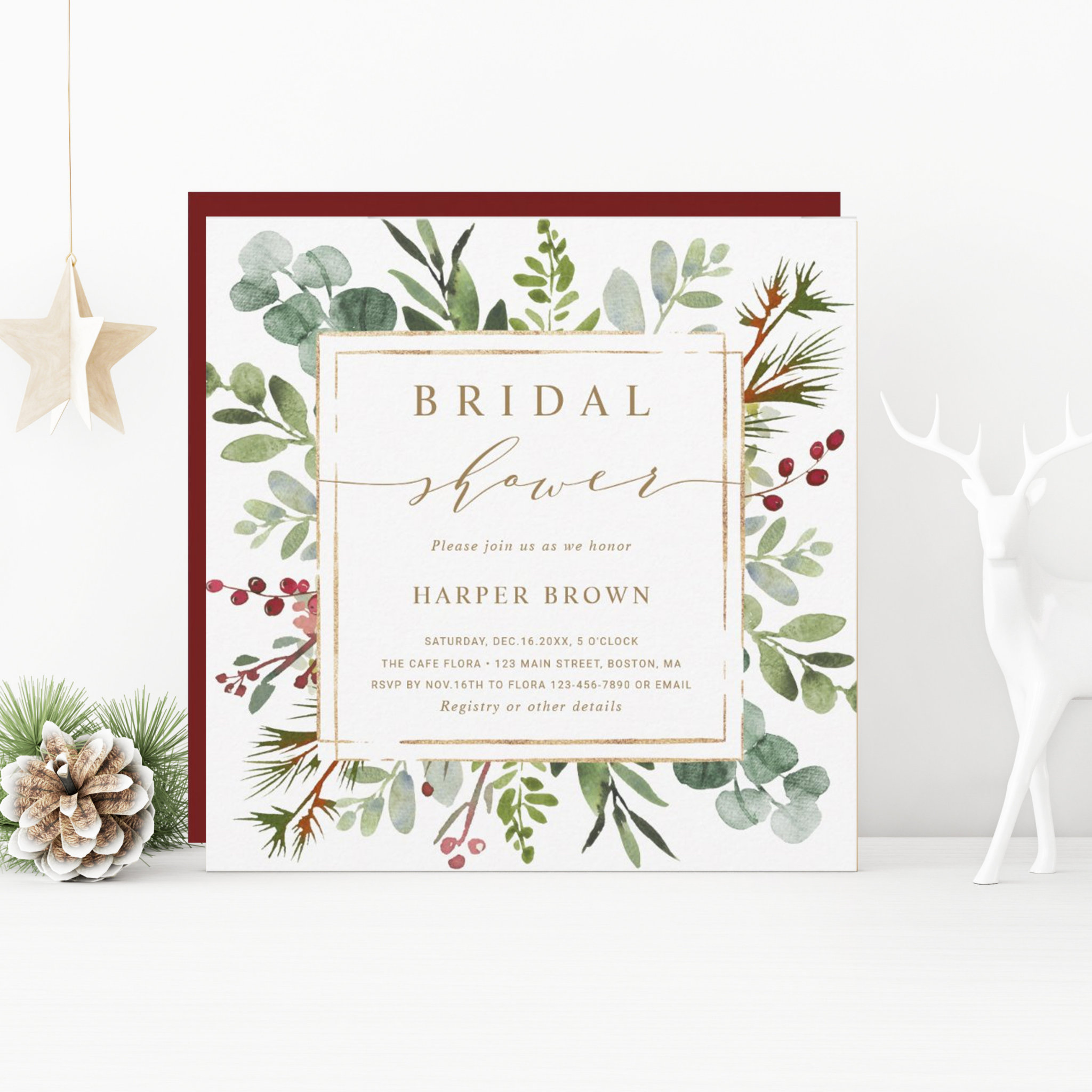 Botanical Greenery Christmas Bridal Shower Square Invitation