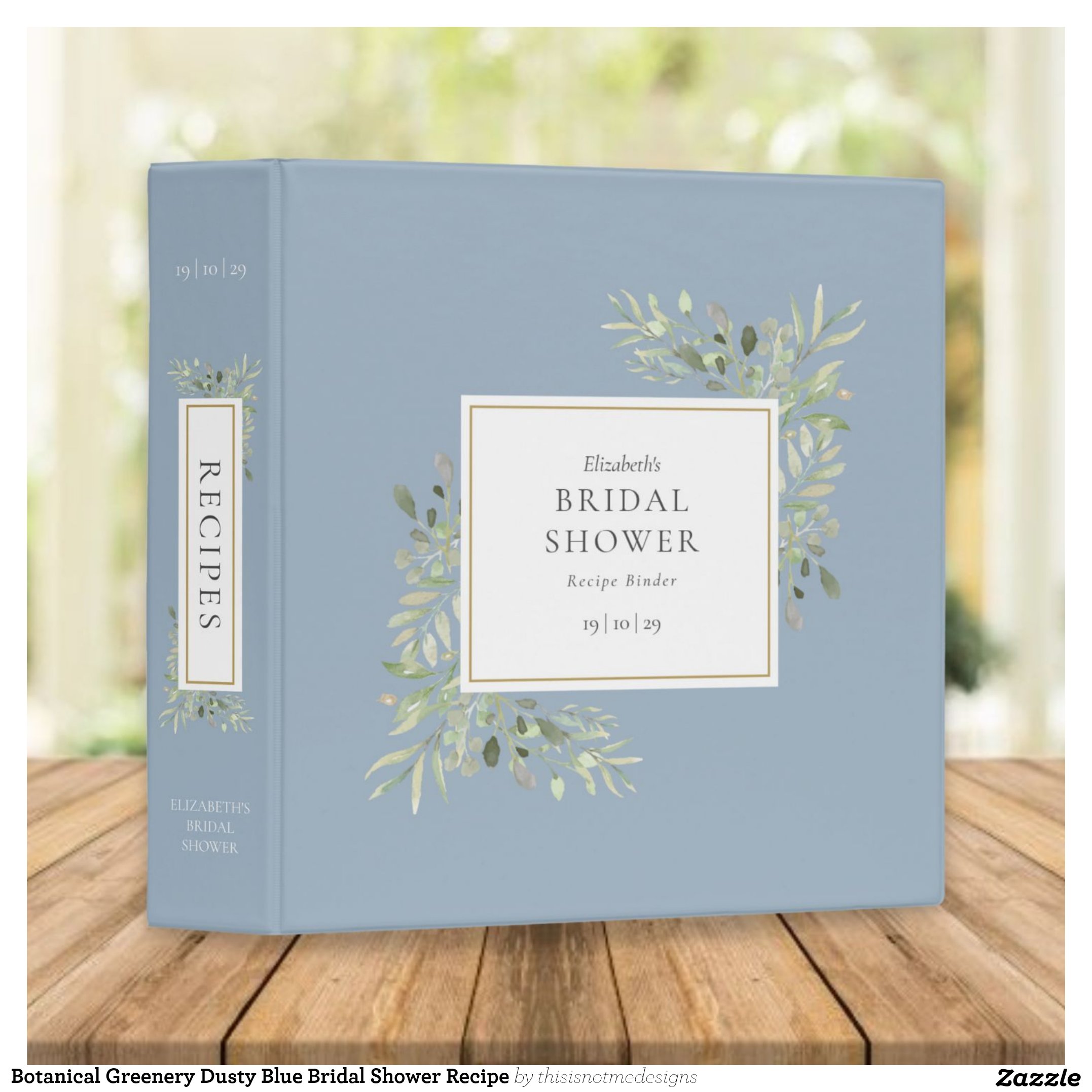 Botanical Greenery Dusty Blue Bridal Shower Recipe 3 Ring Binder