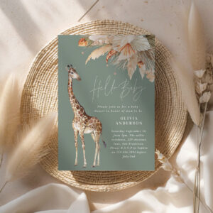 Botanical pampas grass giraffe safari sage green invitation