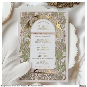 Bougainvillea Green Gold Wedding Art Nouveau Mucha Foil Invitation